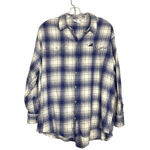 Old Navy Top Women XL Button Front Collared The Boyfriend Shirt Blue Plaid
